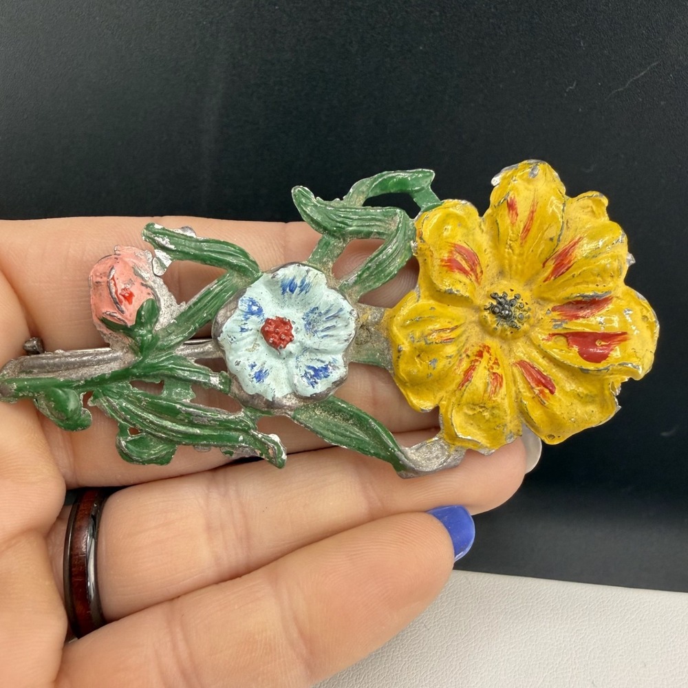 Vintage Potmetal Brooch Enamel Flower Painted Spring Easter Large